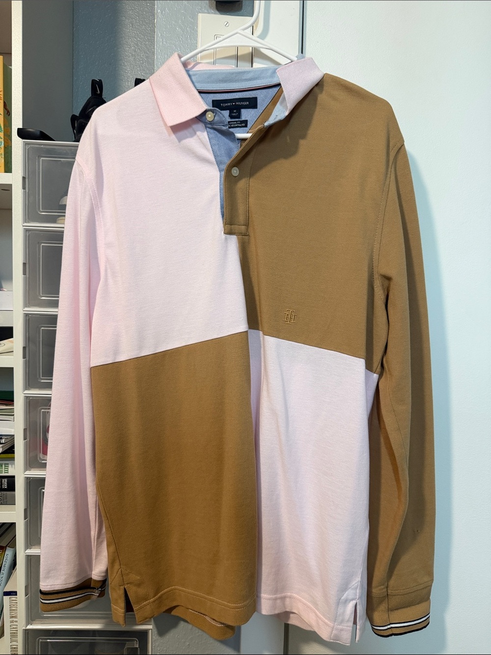 Tommy Hilfiger Men’s Long-Sleeve Colorblock Polo — Pink & Brown